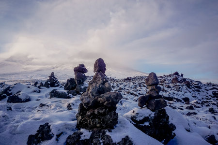Frozen lava stones in winter in Kamchatkaの写真素材