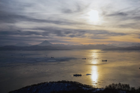 beautiful sunset at Avacha bay in Kamchatkaの写真素材