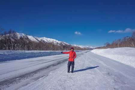 Hitchhiking in winter in Kamchatka kraiの写真素材