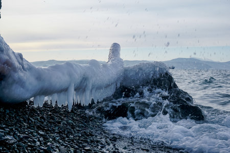 The frozen coast of Avacha Bay in winter in Kamchatkaの写真素材