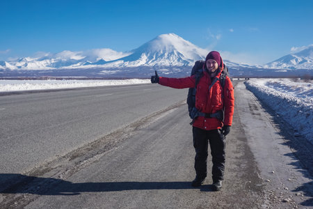 Hitchhiking in winter in Kamchatka kraiの写真素材
