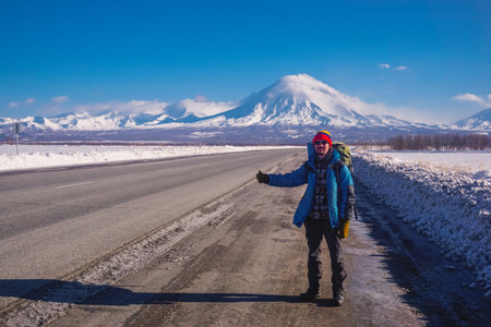 Hitchhiking in winter in Kamchatka kraiの写真素材