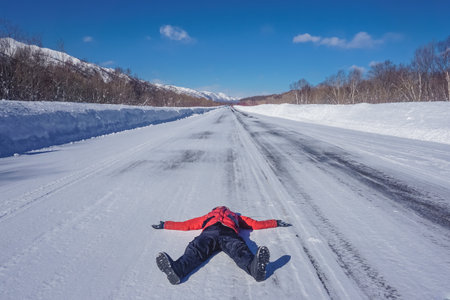 Hitchhiking in winter in Kamchatka kraiの写真素材