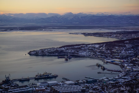 View of Petropavlovsk-Kamchatsky from above in Kamchatkaの写真素材