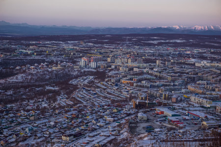 View of Petropavlovsk-Kamchatsky from above in Kamchatkaの写真素材