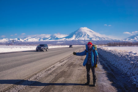 Hitchhiking in winter in Kamchatka kraiの写真素材
