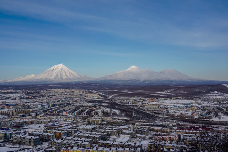 View of Petropavlovsk-Kamchatsky from above in Kamchatkaの写真素材