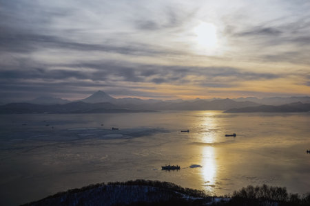 beautiful sunset at Avacha bay in Kamchatkaの写真素材