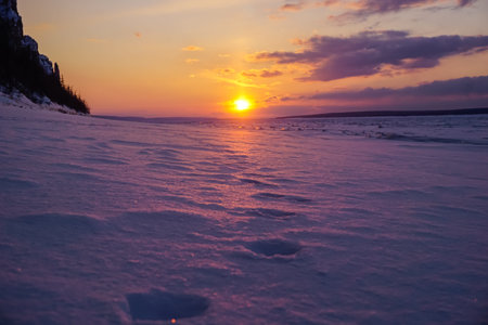 A beautiful sunset on the Lena River in winter