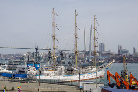 Vladivostok, Russia - April 2, 2021: Ships in Vladivostok Bay