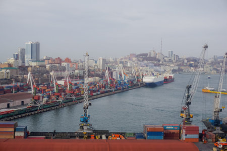 Vladivostok, Russia - April 2, 2021: View of Vladivostok Bay