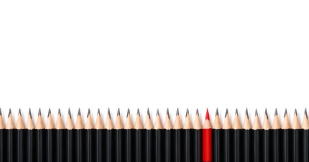 Red pencil standing out from the same row crowd black bold pencils on white background, with space for text. Leadership, unique, independence, initiative, strategy, dissent, think different, business success concept.の写真素材