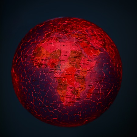 Fiery Earth globe puzzle. Apocalipse concept. Vulcano and droughtの写真素材