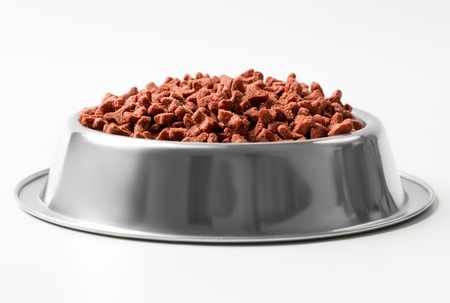 Cat red dry feed in silver bowl.の写真素材