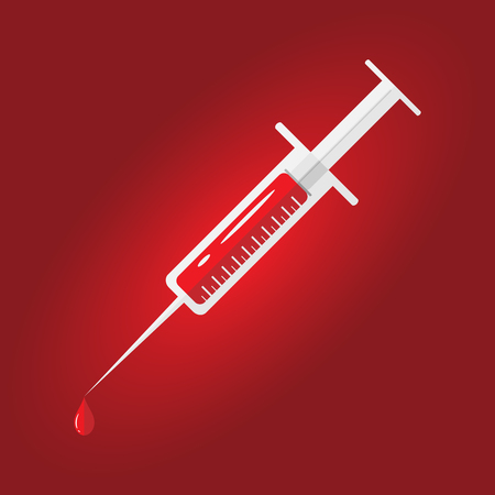 Flat syringe with red blood inside on red background. Vector illustration. Blood Donation concept. Vector Illustration EPS 10のイラスト素材