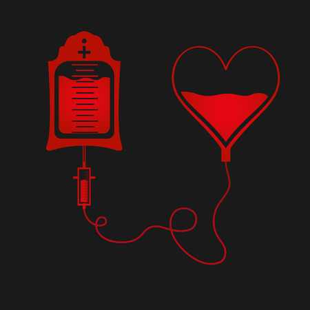 Blood bag and heart. Blood donation day concept. Human donates blood. Vector illustration in flat style.のイラスト素材