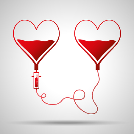 Two bags in shape of hearts. Blood donation day concept. Human donates blood. Vector illustration in flat style.のイラスト素材