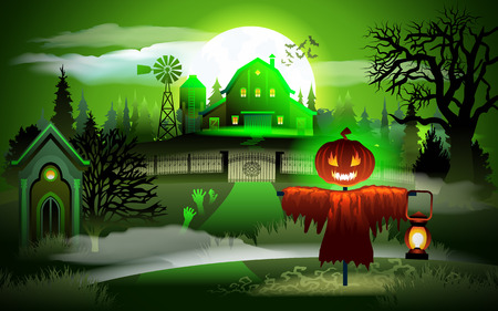 Scary old graveyard and farm at scary moon light- Halloween background.のイラスト素材