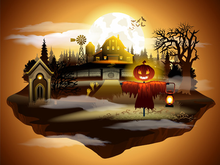 Halloween greeting card, vector illustration. scarecrow in graveyard and dark castle on sunset sky background.のイラスト素材