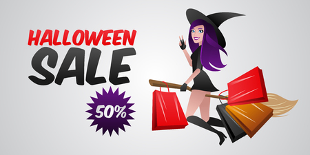 Sexy witch flying on halloween broom with purchases and gifts from store sale.のイラスト素材