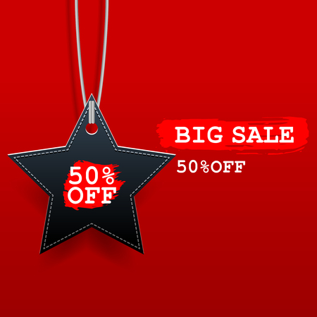 Black friday sale star tag with discount on red backgroundのイラスト素材