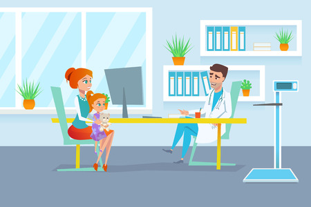 Red hair mother with her daughter on the pediatrician examination at polyclinic reception.のイラスト素材