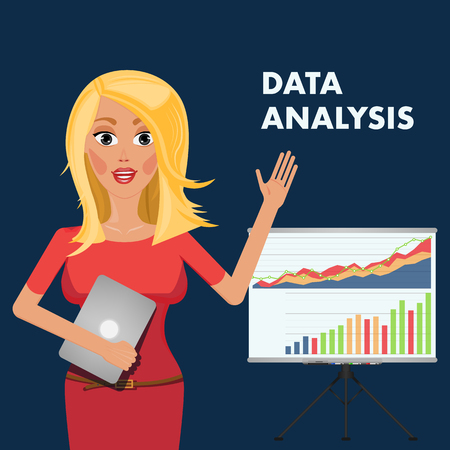 Data Analysics Presentation. Business Girl Vector Flat Illustration. Young Wooman Cartoon Character with Tablet. On Screen Infographic Chart. Statistic Market Research Plan. Stock Investment Concept.のイラスト素材