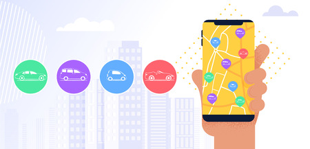 Illustration Carsharing Service Mobile Application. Vector Image Hand is Holding Mobile Phone. Screen Display Gps Map with Location Car for Rent. Online Navigation in City. Selection Car Interestのイラスト素材