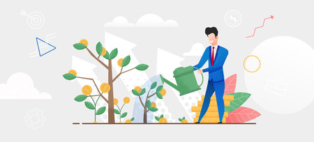 Flat Illustration Man in Suit Watering Money Tree. Vector Broker Fertilizes Soil for Rapid Profit Growth. Financial Investment Future. Money Growth Chart. Handful Gold Coin. Trader Play Stock Exchangeのイラスト素材
