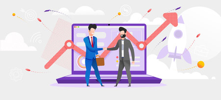 Illustration Man Made Deal with Financial Broker. Vector Screen Laptop Monitor Incremental Profit Growth. Increase Dividend. Online Job Trading Market. Purchase Shares Company. Rocket Taking offのイラスト素材