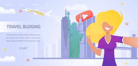 Illustration Girl Filming Video New Travel Bloging. Banner Vector Young Woman Making Selfie Background Sights, where he will Spend his Weekend. Tourist Vacation. Traveling Country. Learning Cultureのイラスト素材