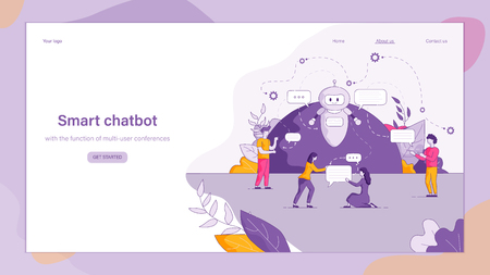 Illustration Smart Chatbot Answers People Question. Banner Vector Image Online Communication Client and Company Using Mobile Device. Automatic Technical Support. Online Consultation Departmentのイラスト素材