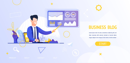 Vector Illustration View Business Blog Online. Banner Image Man on Laptop Screen, Talk About Situation Finance Stock Exchange. Analyst Economic Graph. Broekr News Business. Indicates Stock Chartのイラスト素材