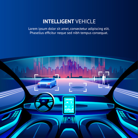 Intelligent Vehicle Cockpit Cityscape View. Vector Illustration of Autonomus Smart Car. Driverless Automobile with Intelligent Innovation GPS Traffic radar System. Security Driverless Technology.のイラスト素材