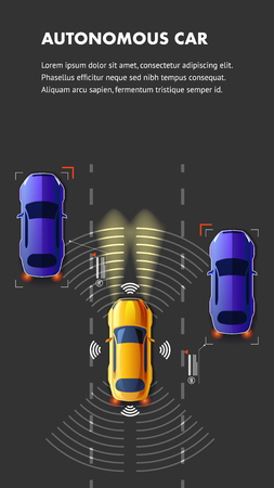 Autonomus Car Highway Road Traffic Top View Vector Illustration. Vehicles with Auto Pilot Driver Assist. Intelligent Automobile Safety GPS Connected Vehicle Communication Sensing System.のイラスト素材
