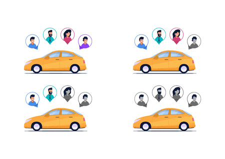 Vector Illustration Completeness Car Passengers. Image Set Yellow Car Isolated on White Background. Port Icon Man and Woman Showing Number People in Car. Template for Mobile App Design Carpool.のイラスト素材