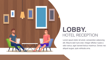 Hotel Reception. Lobby Lounge Interior. Guest Waiting Room. Happy Tourists Rest at Soft Armchair near Table. Young Man have Meeting Inside Hostel Hall. People Sitting and Talking. Horizontal Banner.のイラスト素材