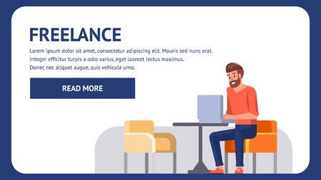 Freelance Landing. Professional Male Coder with Laptop Device in Remote Office Job Coworking Workplace. Outsource Programmer or Hipster Designer Writing Technology Project Program Code.のイラスト素材