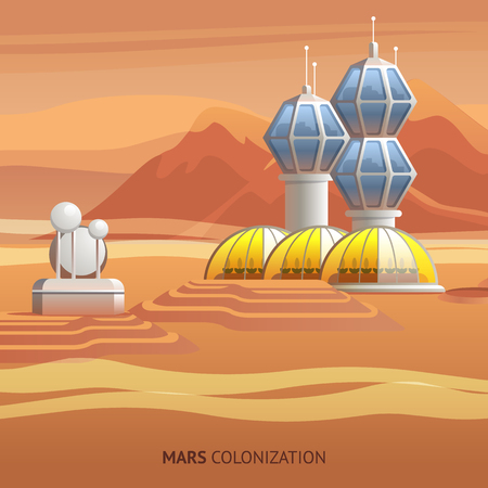 Flat Illustration Scientific Base on Surface Mars. Vector Image Future Mars Colonization. Over Technological Greenhouse for Growing Product and Plant in Red Planet. Radar Station. Settling New Planetのイラスト素材