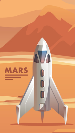 Illustration Colonization Red Planet Astronaut. Banner Vector Space Shuttle Arriving on Mars. Apparatus for Long Distance Flights in Outer Space. Space Exploration. Scientific Discoveryのイラスト素材