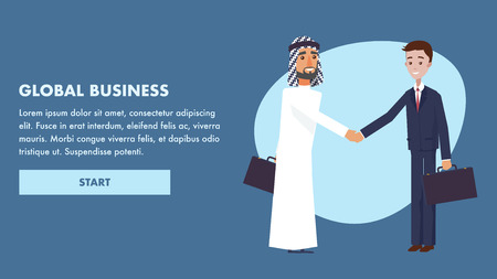 Illustration Global Business International Company. Flat Banner Arab Man Greets Handshake with Guy in Suit. Signing Lucrative Contract. Teamwork. Big World Enterprise. Economic Successのイラスト素材