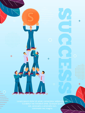 Group People Helps Man Achieve Financial Success. Flat Banner Illustration Guy Standing on Human Pyramid Holding Gold Coin in his Hand Above his Head. Man Supports in Economic Development Companyのイラスト素材