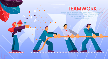 Flat Banner Teamwork Group Financial Specialist. Vector Illustration Man Pulls Rope Over Himself. Young Girl Directs Process Pulling Hawsers. Employee Company Pulls Project to Economic Growthのイラスト素材