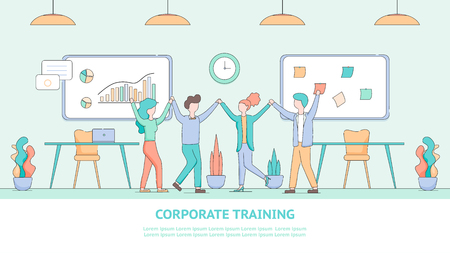 Banner Corporate Training for Employee Development. Illustration Group People Listened Educational Seminar. Happy Man and Woman Hold Hands. Interior Modern Office. Financial Growth Chart Flipchartのイラスト素材