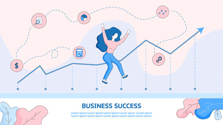 Happy Girl Jumping from Achieving Business Success. Flat Banner Illustration Young Woman Rejoices Bargain. Personal Financial Growth. Achievement Goal. Economic Success Chart. Up Arrow. Stock Brokerのイラスト素材