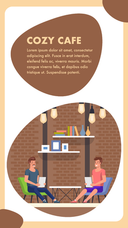 Cozy Cafe. Loft Interior with Antique Edison Lamps and Brick Wall. Hipster Friends People. Hanging Inside. Creative Modern Room Workspace For Freelance. Vertical Banner. Conceptual Decoration.のイラスト素材