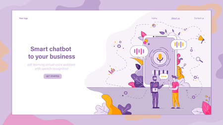 Vector Online Technical Customer Support Company. Flat Banner Illustration Smart Chatbot to Your Business. Robot Answers Man Question. Voice Control Device. Mobile Phone Screen. Search Systemのイラスト素材