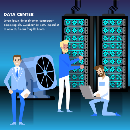 Data Center Concept. Security Monitoring Prevention Access. Technician Engineer Support Stuff Management. Domain and Host Provider Database Storage Backup. Rack Hardware Equipment.のイラスト素材