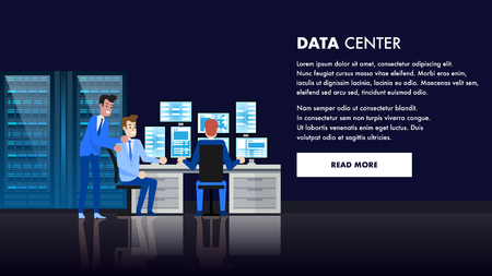 Computer Data Center Room. Database Admin Workstation. Comminication Equipment Infrastructure. Technician Stuff People Support. Remote Network Domain and Hosting Online User Repair.のイラスト素材