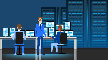 Data Center Engineer People Workplace. Professional Analysis Workflow. Man Character Manager Flat Illustration. Computer, Monitor Display Workspace. Monitoring Desktop System Configuration.のイラスト素材
